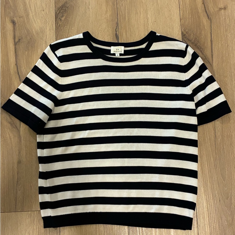 Navy and Cream Striped Short Sleeve Sweater